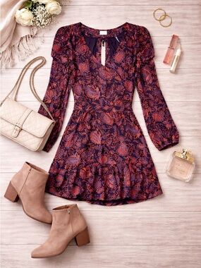 Free People NWT Floral Long Sleeve Mini Dress Noir Combo Size Large